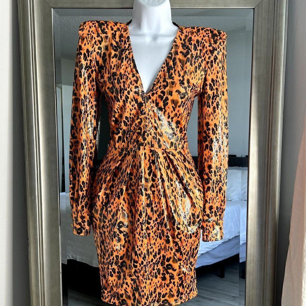 MERAKI OFFICIAL Stevie Orange Leopard Print V-Neck Mini Dress Size 8